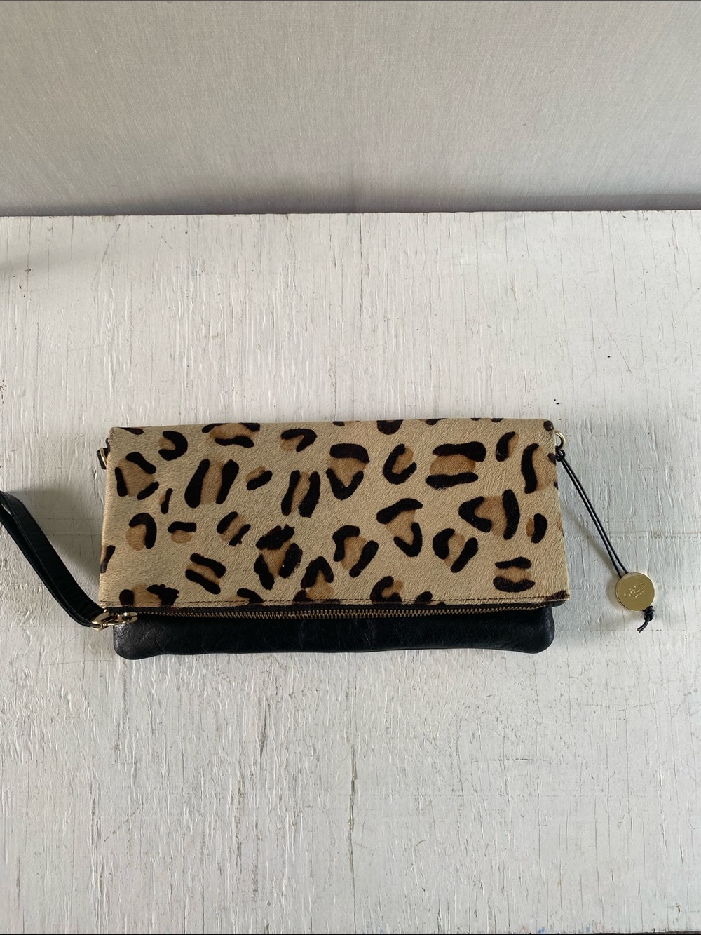 Leopard Calf hair leather Foldover Wristlet Clutch - Black & Tan